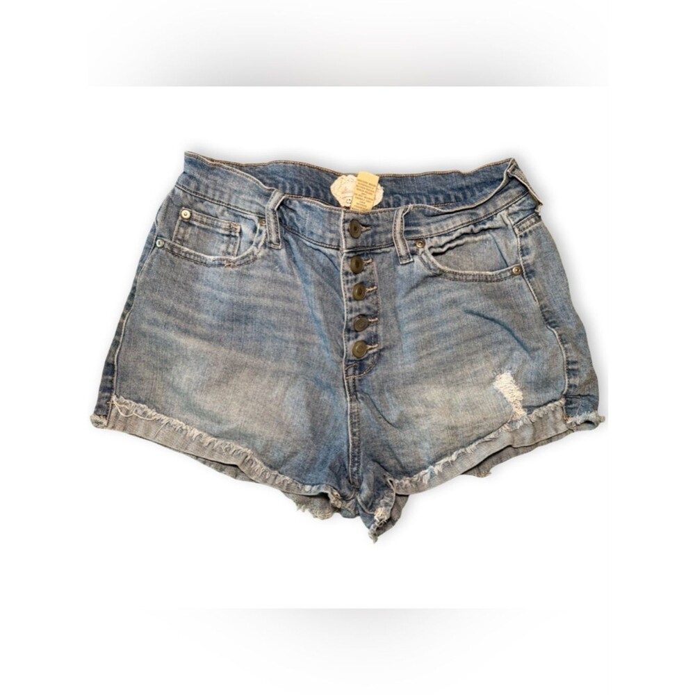 Altar'd State Light Blue Distressed High-Rise Button-Front Denim Shorts